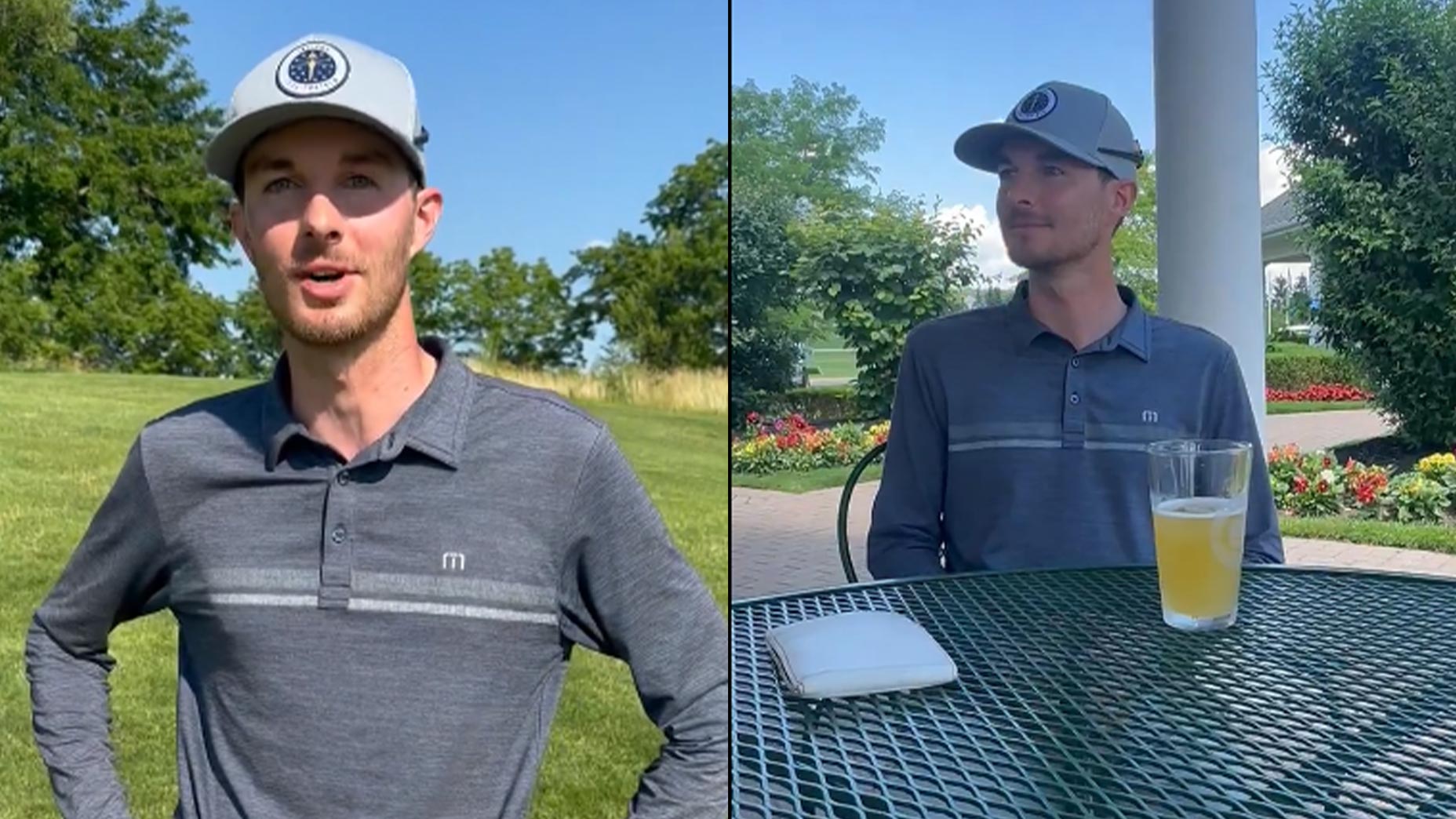 nick bienz smiles at rocket mortgage classic next to photo of nick bienz drinking a beer